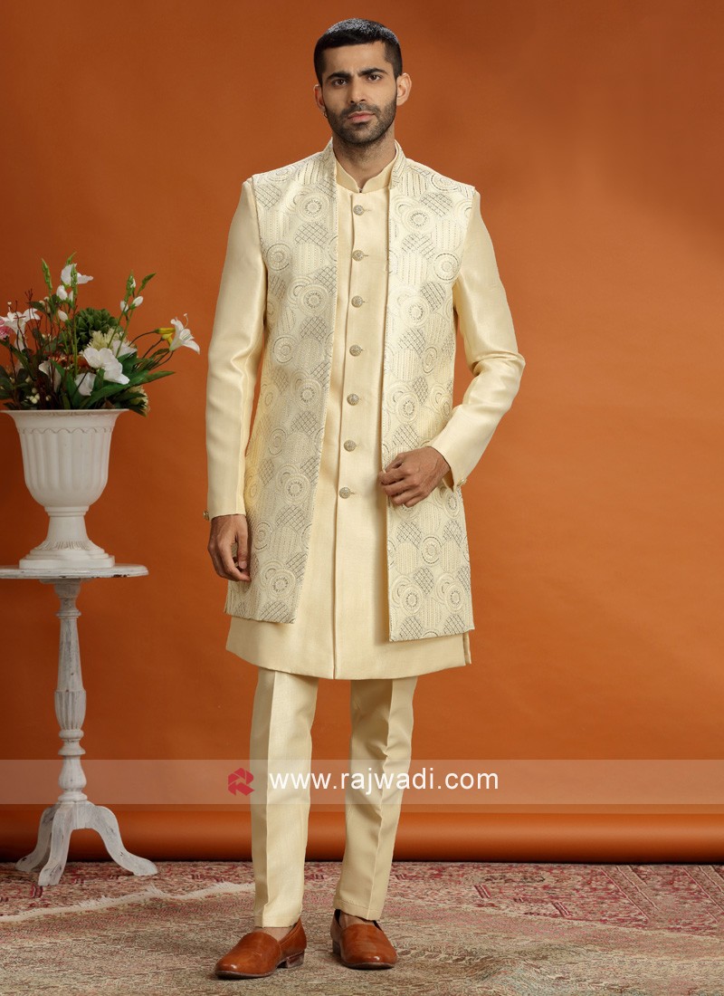 Lemon Yellow Sequins Embroidered Nehru Jacket Set