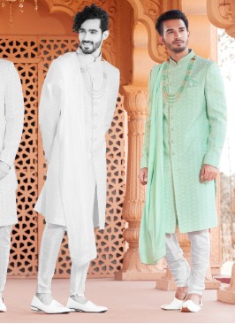 Sea Green Silk Sherwani For Groom