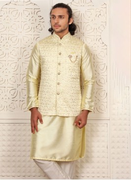 Lemon Yellow Thread Embroidered Nehru Jacket Set