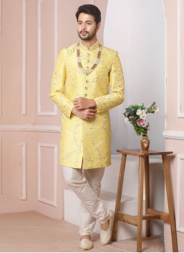 Lemon Yellow Wedding Wear Art Banarasi Silk Sherwani