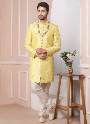 Lemon Yellow Wedding Wear Art Banarasi Silk Sherwani