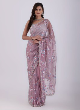 Lavender Organza Sequins Embellished Saree