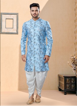 Light Blue Digital Print Indowestern Set For Wedding