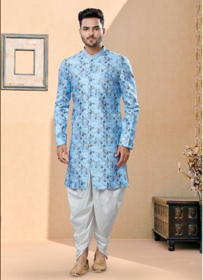 Light Blue Digital Print Indowestern Set For Wedding