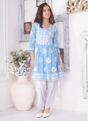 Light Blue Thread Embroidered Dhoti Style Salwar Suit