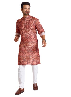 Light Brown Mens Printed Kurta Pajama