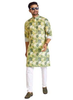 Light Green Cotton Printed Kurta Pajama Set