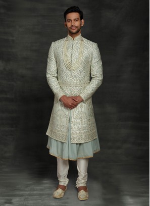 Light Green Exclusive Silk Anarkali Sherwani For Groom