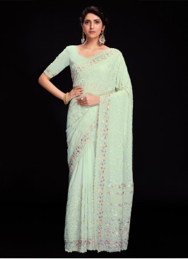 Light Green Georgette Lucknowi Embroidered Saree