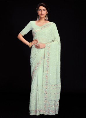 Light Green Georgette Lucknowi Embroidered Saree