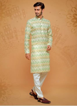 Light Green Printed Kurta Pajama For Men