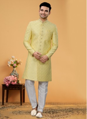 Light Green Thread Embroidered Indowestern Set For Men