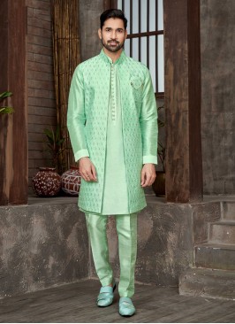 Light Green Thread Embroidered Men's Indowestern Set