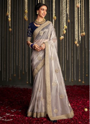 Light Grey Chiffon Silk Saree with Zari Work Buttis