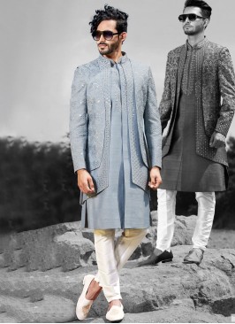 Light Grey Indowestern In Thread Embroidered Work