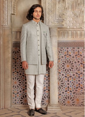 Light Grey Jacket Style Embroidered Indowestern For Men