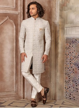 Light Grey Lucknowi Asymmetric Indowestern