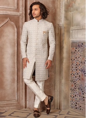 Light Grey Lucknowi Asymmetric Indowestern