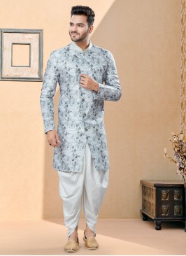 Light Grey Thread Digital Print Indowestern Set