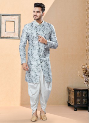 Light Grey Thread Digital Print Indowestern Set