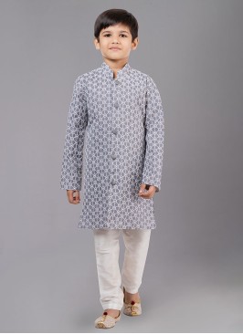 Light Grey Thread Embroidered Cotton Silk Kurta Pajama