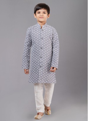 Light Grey Thread Embroidered Cotton Silk Kurta Pajama