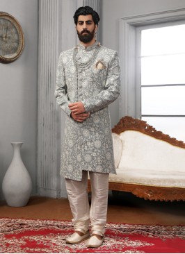 Light Grey Thread Embroidered Wedding Wear Sherwani For Men