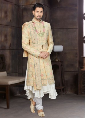 Light Yellow Lucknowi Work Sherwani