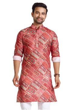 Light Maroon Printed Kurta For Men