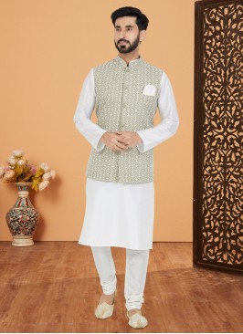 Light Mehndi Green Embroidered Nehru Jacket Set