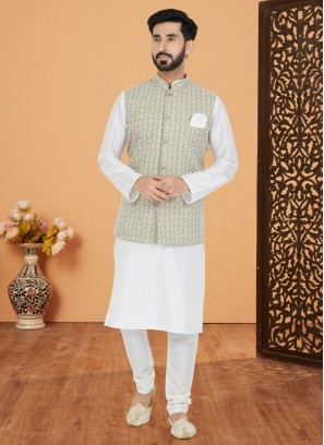 Light Mehndi Green Embroidered Nehru Jacket Set