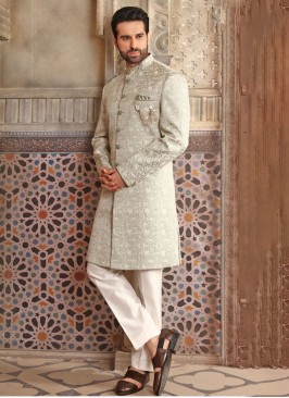 Light Olive Green Indowestern With Embroidered Work