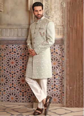 Light Olive Green Indowestern With Embroidered Work