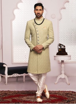 Light Olive Green Thread Embroidered Sherwani For Wedding