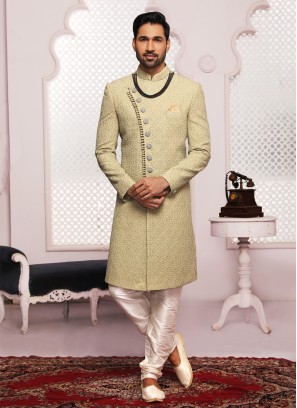 Light Olive Green Thread Embroidered Sherwani For Wedding