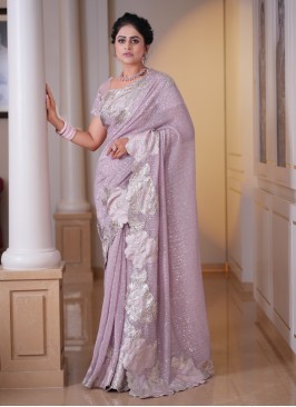 Light Onion Pink Sequins Saree With Floral Border