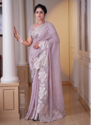 Light Onion Pink Sequins Saree With Floral Border