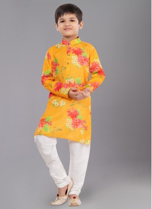 Light Orange Floral Printed Cotton Kurta Pajama