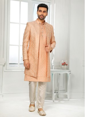 Light Orange Indowestern Set With Sequins Work Jacket