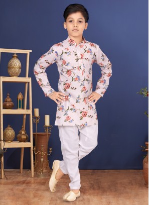 Light Peach And Off White Cotton Floral Printed Kurta Pajama