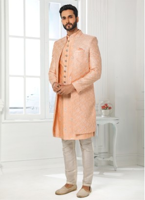 Light Peach Indowestern Set With Embroidered Jacket