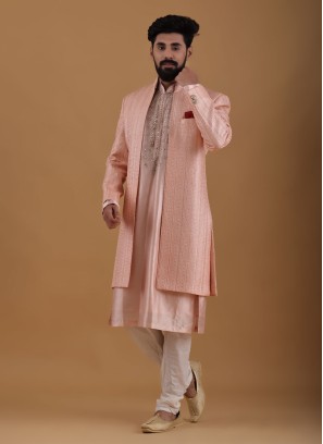 Light Peach Indowestern Set With Embroidered Jacket