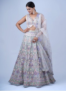 Light Peach Organza Lehenga Choli With Machine Embroidery