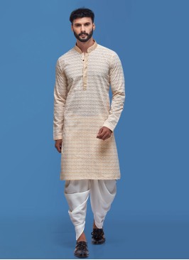 Light Peach Men's Lucknowi Work Indowestern Set