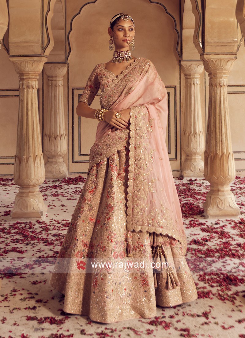 Bridal Lehengas - Coral Wedding Lehenga with Double Net Peach and Geen  Dupatta | WedMeGood #wedmegood #in… | Bridal lehenga red, Pink bridal  lehenga, Indian bridal