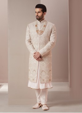 Light Pink Embroidered Groom Sherwani In Silk