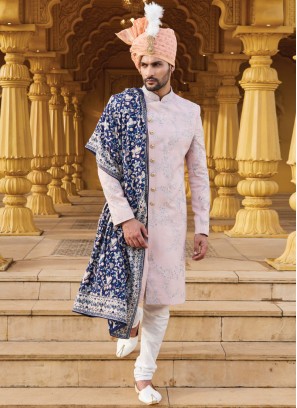 Light Pink Groom Embroidered Sherwani With Dupatta