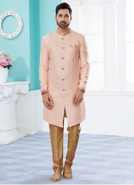 Light Pink Jacquard Silk Indowestern For Men