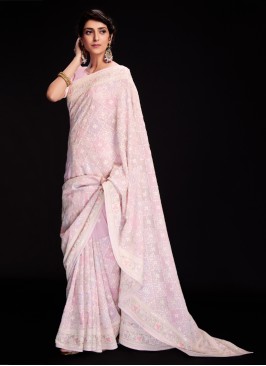 Light Pink Lucknowi Embroidered Georgette Classic Saree