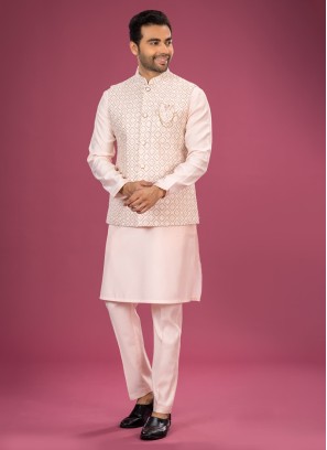 Light Pink Nehru Jacket Set With Embroidery Work